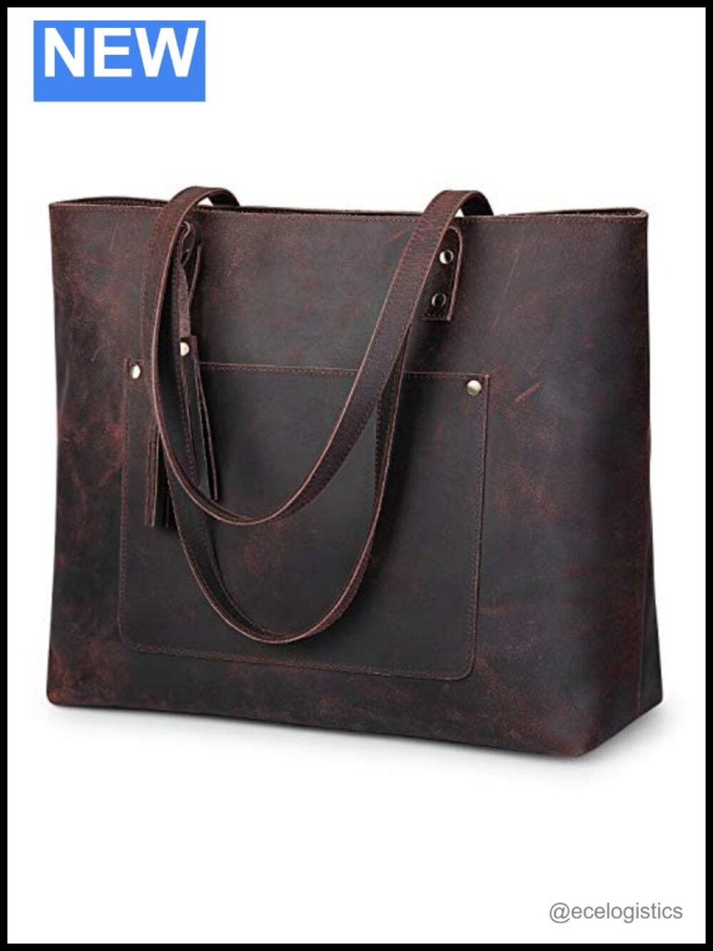 Vintage Large Buffalo Leather Tote Bag with Tassel, 8 Pockets, Fits 14" Laptop